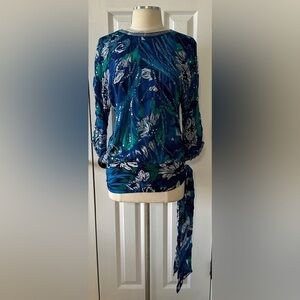 Judith Ann Creations Vintage Silk Sequin Top XS – Ocean Blue Floral Beaded Tunic
